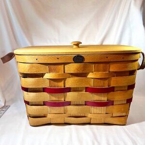Peterboro Woven Basket Co. 1854-Picnic/Storage-W/Lid-Retired Tan/Red-Hand Made